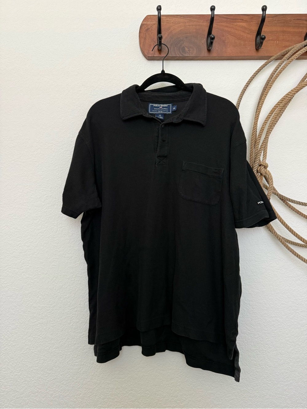 Vintage 90s Polo Sport Ralph Lauren Black Waffle Thermal Polo Shirt (XXL)
